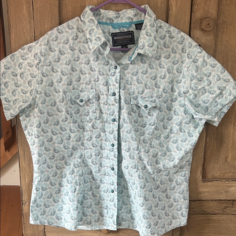 Woman’s Rough Stock Blue Paisley Shirt XXL size snap buttons